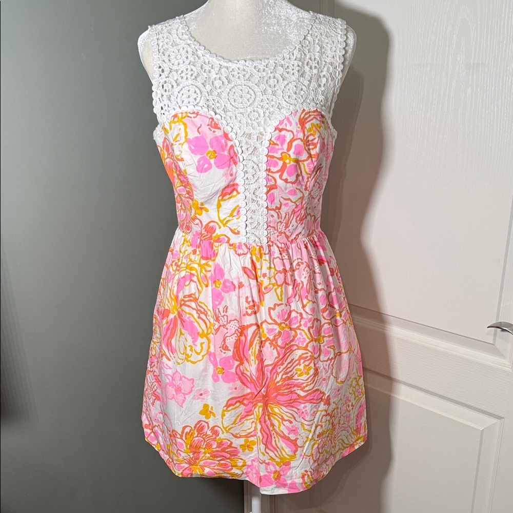 Lilly Pulitzer Pink & Orange Floral Lace Bodice Dress Size 10
